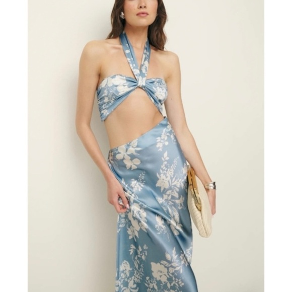 Reformation 100% silk Blue Floral Dress NEW - Picture 5 of 8